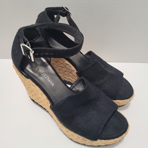 Stuart Weiztman Canvas Wedge Espadrille Sandal Black 7.5 - Picture 1 of 7